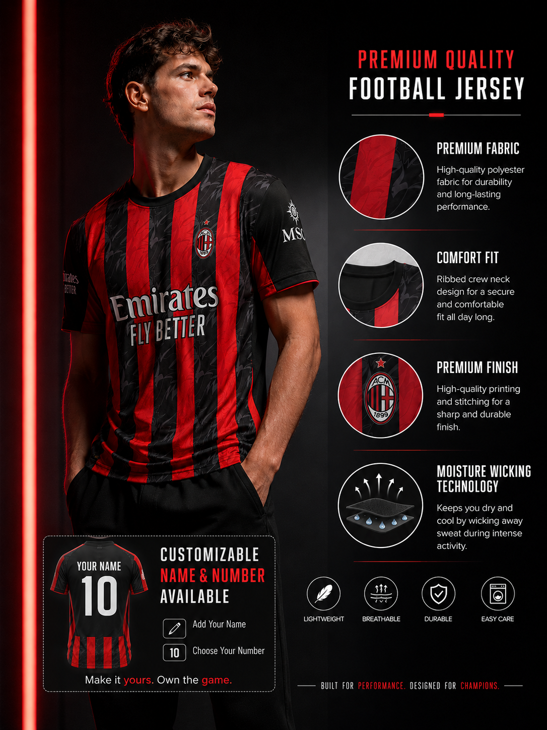 AC Milan (Associazione Calcio Milan) home jersey | Premium Custom Football Jersey for Men | Personalized Name & Number| Match Edition