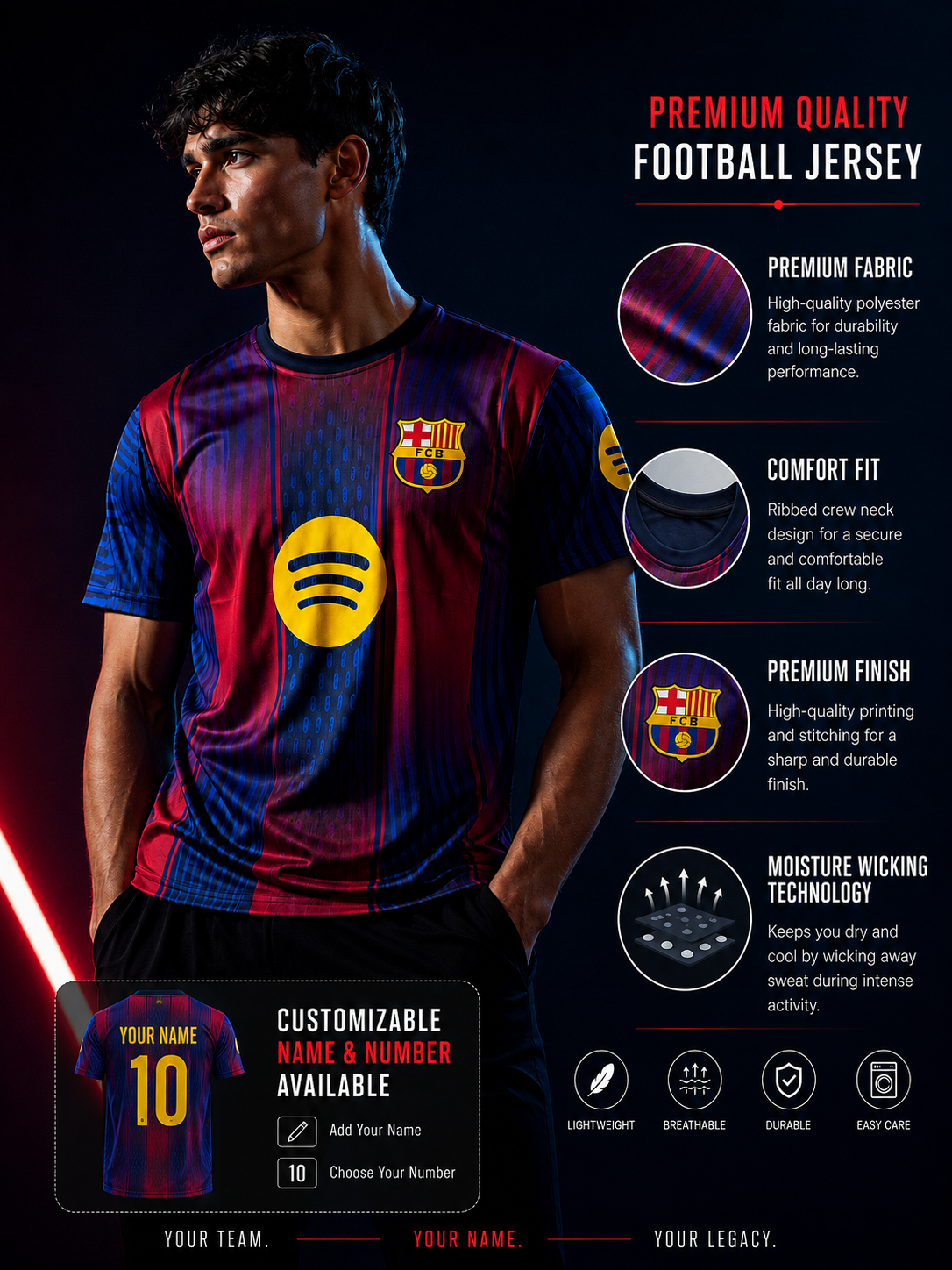 FC Barcelona (Barça) Home Jersey | Premium Custom Football Jersey for Men | Personalized Name & Number| Match Edition