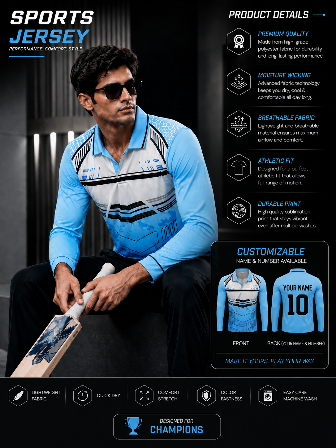 SkyStrike Elite Performance Cricket Jersey – Premium Custom Name & Number